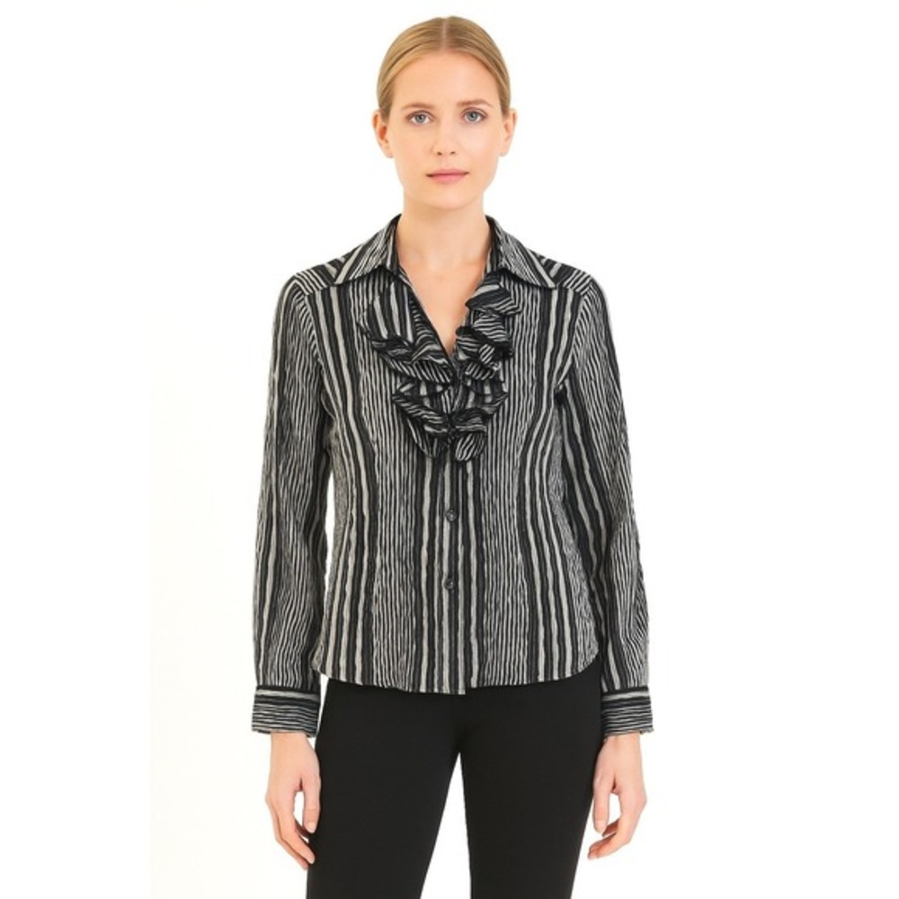 Spense Gray and Black Striped Ruffle Front Button Down Shirt M Preppy Chic 50-26